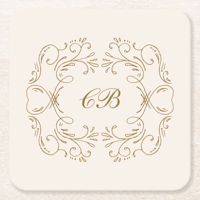Elfenbensguld Monogram Blomstrande Krans Bröllops  Underlägg Papper Kvadrat (Framsidan)