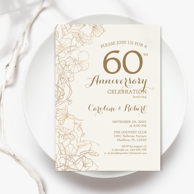 Elfenbensgult blomstermotiv 60-årsjubileum inbjudningar (Skapare uppladdad)