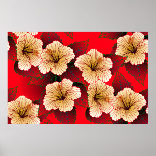 Elfenbenshibiscus blommor sömlösa mönster på rött poster