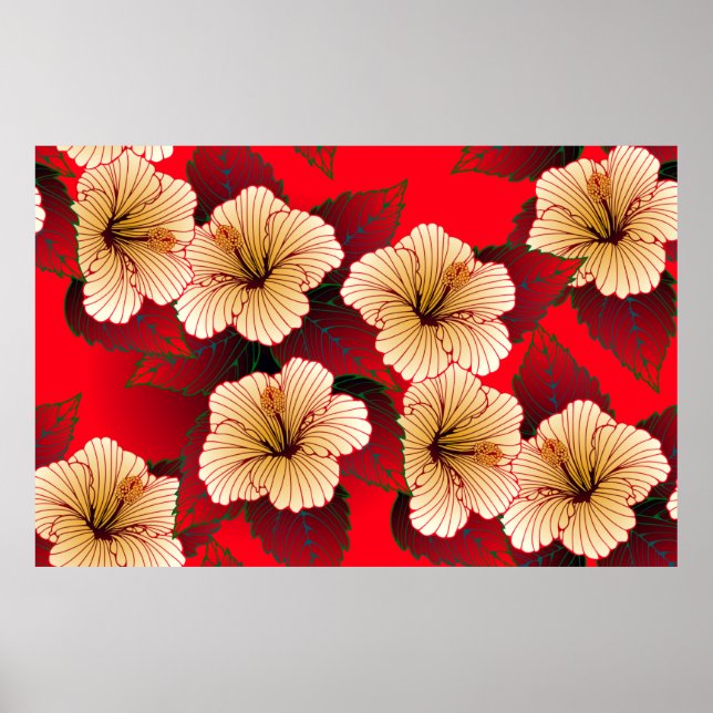 Elfenbenshibiscus blommor sömlösa mönster på rött poster (Framsidan)