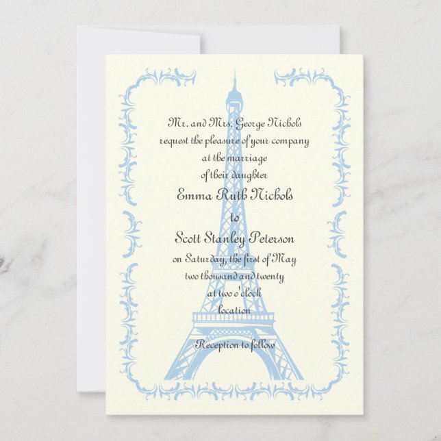 Elfenbensinbjudan från Paris bröllop blå Eiffel To Inbjudningar (Framsida)