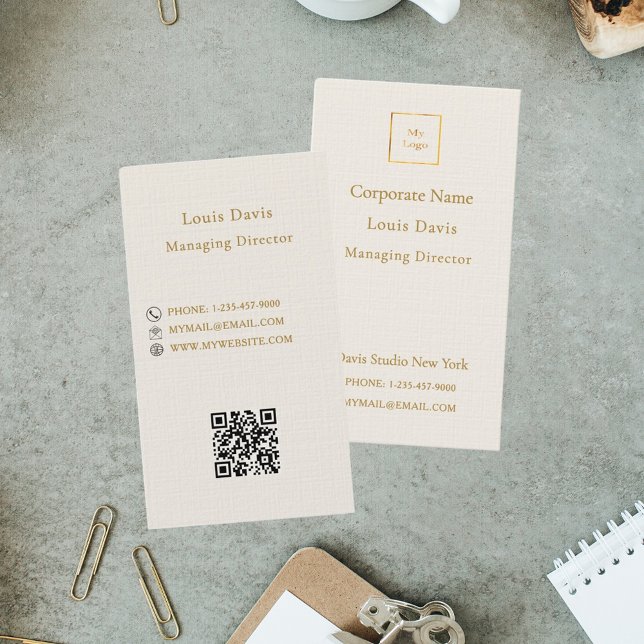 Elfenbenskräm guld modern minimalistisk premiumlog visitkort (Skapare uppladdad)