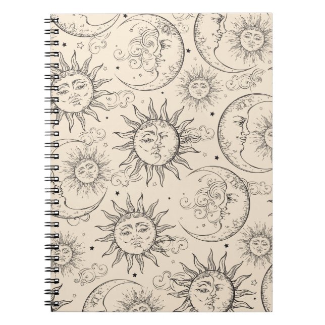 Elfenbenskräm Magic Vintage Celestial Sol Måne Stj Anteckningsbok (Framsidan)