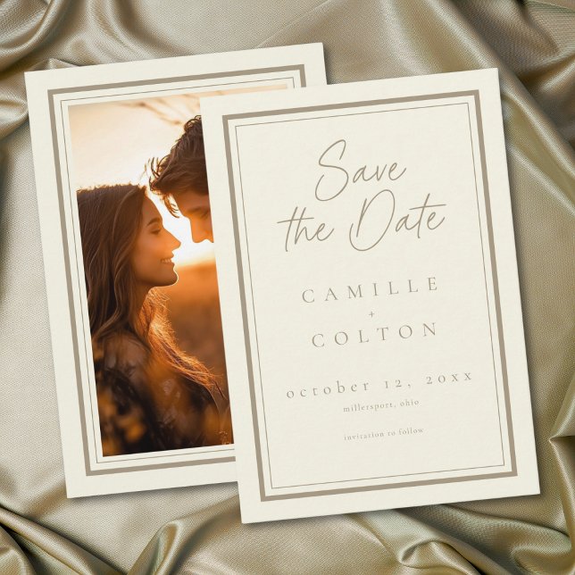 Elfenbenskräm Minimalistisk Ram Bröllopsfoto Spara Datumet (Ivory Cream Minimalist Frame Wedding Photo Save The Date)