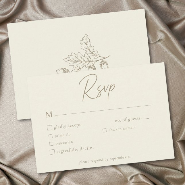 Elfenbenskräm minimalistiskt löv ekollon höstbröll OSA kort (Ivory Cream Minimalist Leaf Acorn Fall Wedding RSVP Card)