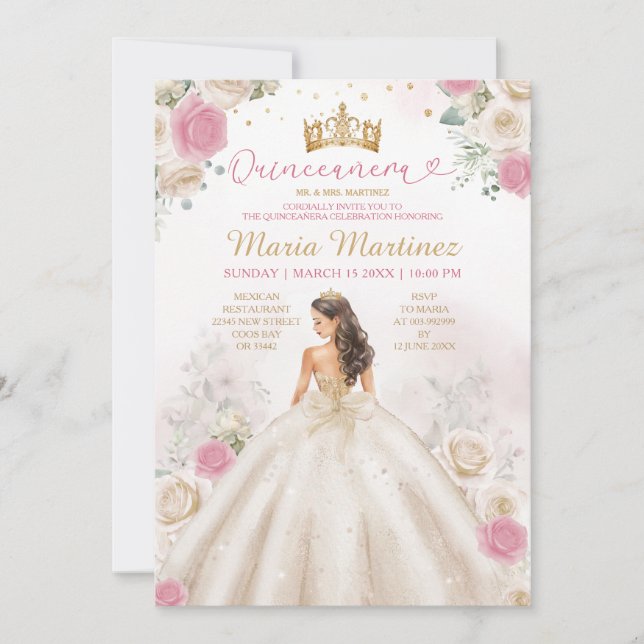 Elfenbenskräm prinsessklänning dammig rosa Quincea Inbjudningar (Framsida)