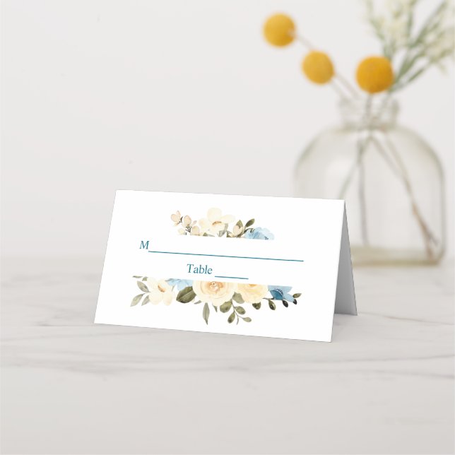 Elfenbenskusten Blåa blommor Greenery, första Heli Placeringskort (Framsida)