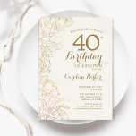 Elfenbenskusten Guld Blommigt 40:e födelsedagen Pa Inbjudningar<br><div class="desc">Ivory Guld Blommigt 40:e födelsedagsinbjudan. Minimalistisk modern design med botaniska konturaccenter för teckning och typsnitt för typgrafiska skript. Enkel inbjudan-kortsperfekt för trendig för en snyggt kvinna på dagen firande. Kan anpassas till vilken ålder som helst. Skrivna Zazzle-inbjudningar eller digital utskrivbar mall för omedelbar nedladdning.</div>