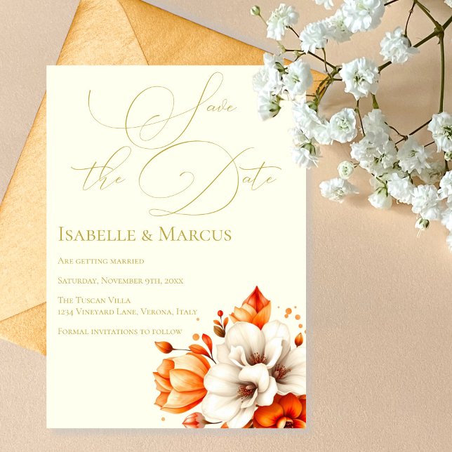 Elfenbenskusten & Guld Blommigt Spara datumet Bröl Inbjudningar (Ivory & Gold Floral Save the Date Wedding Invitation)