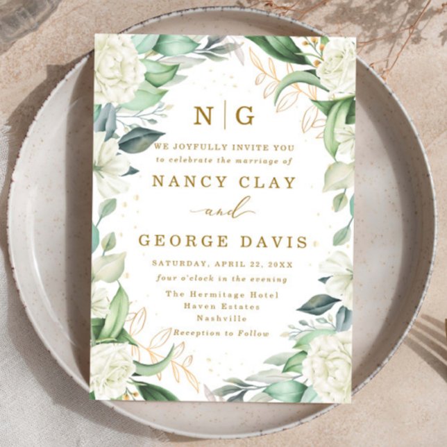 Elfenbenskusten Guld Ro Blommigt Ram Monogram Bröl Inbjudningar (Skapare uppladdad)