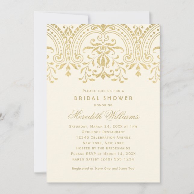 Elfenbenskusten Guld Vintage Glamor Bröllop Möhipp Inbjudningar (Framsida)