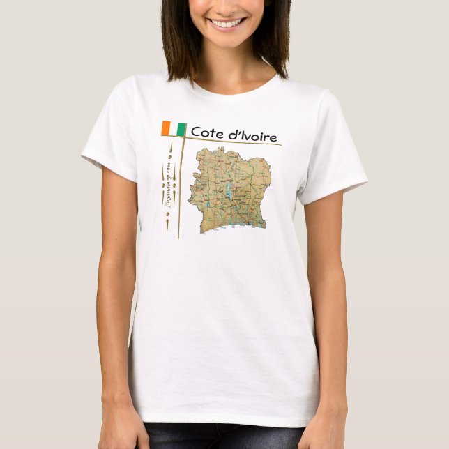Elfenbenskusten Kart + Flagga + Titel T-Shirt (Framsida)