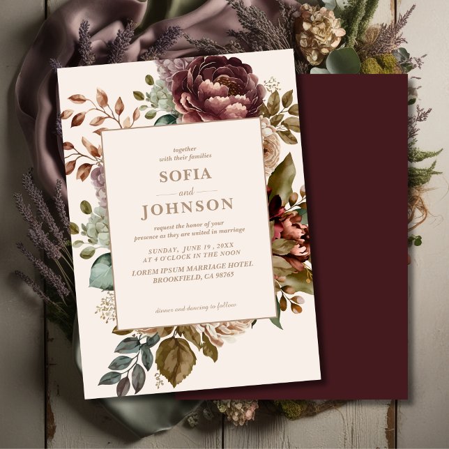 Elfenbenskusten Mörk Ro blommigt  Fall Winter Wedd Inbjudningar (Skapare uppladdad)