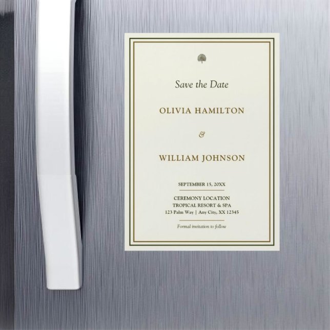 Elfenbenskusten och Guld Lodrät Spara datum magnet (A chic 5x7 ivory and gold border Save the Date magnet your guests will love keeping on display.)