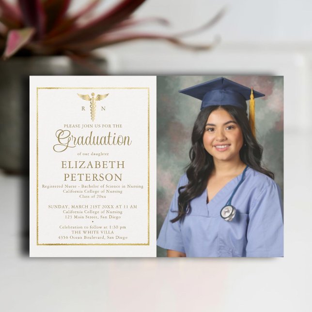 Elfenbenskusten vid Nurse School Studenten Caduceu Inbjudningar (nursing school graduation gold caduceum frame contemporary modern photo nurse ivory elegant classy)