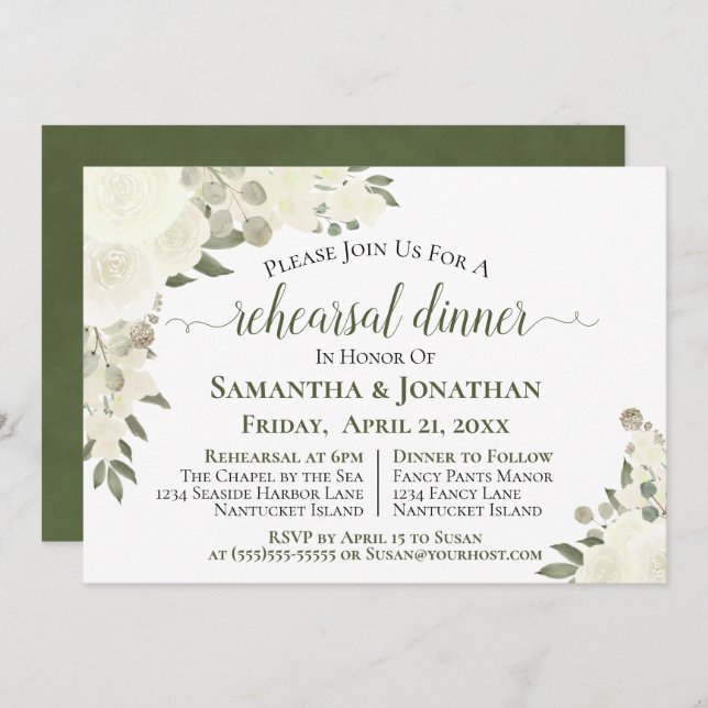 Elfenbenskusten Vit ros Blommigt Bröllop Rehearsal Inbjudningar (Fram/baksida)