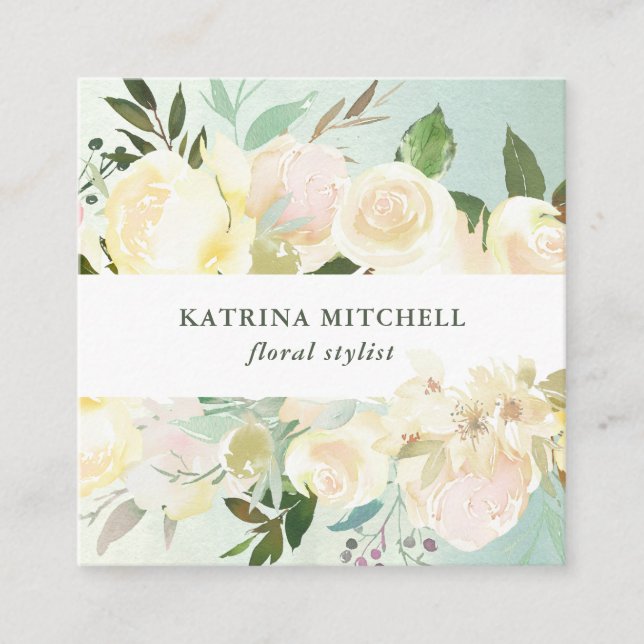 Elfenbenskustens Blommigt| Mjuk Grönt, vattenfärg Fyrkantigt Visitkort (Framsida)