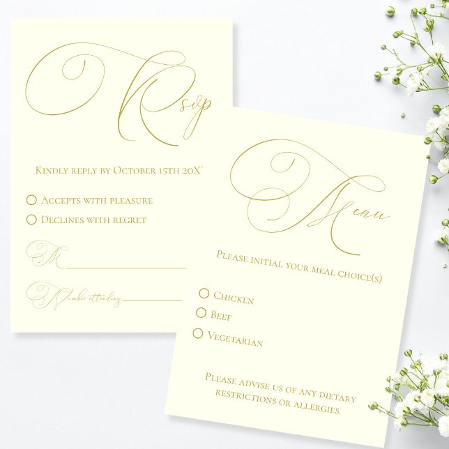 Elfenbenskustens och Guld OSANS  med svarskort för OSA Kort (Ivory & Gold RSVP with Meal Choice Response Card)