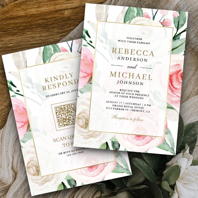 Elfenbenskustens  Rosa Blommigt Guld Ram QR-koden  Inbjudningar (Skapare uppladdad)