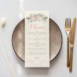 Elfenbenskustens Rosa och Guld Blommigt Boho Bröll Meny<br><div class="desc">Menykortsdesignen Boho stil bröllop har Menu i skript med anpassningsbarnas ordalydelse och ett monogram som kan vara helt personlig, inramat med romantiska blommor, botaniska löv och dragande fågelfjädrar. Mjuk vintage färg omfattar skuggor av pastellernas rosa, persikor, grädde, grönt, grått och guld. Perfekt för ett vår- eller sommarevenemang. Ljust bakgrundsutskriven bakgrund...</div>