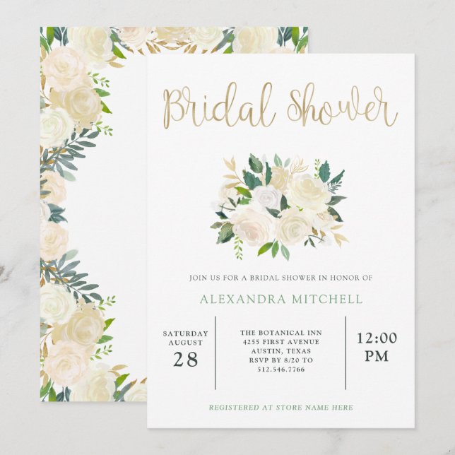 Elfenbenskustens vattenfärgade Blommigt med Guld | Inbjudningar (Fram/baksida)