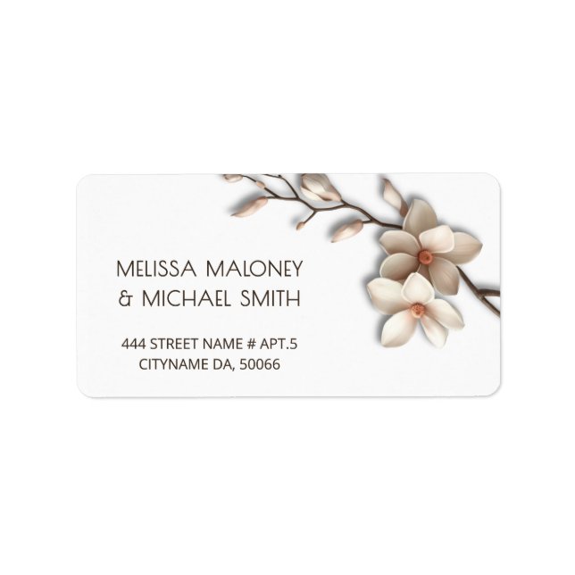 Elfenbensmagnolia 3D blommor |  Bröllop Adressetikett (Framsidan)