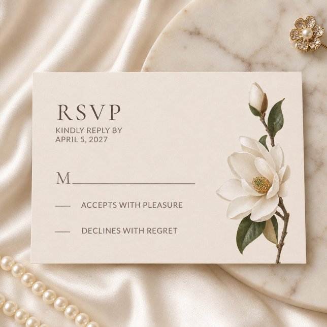 Elfenbensmagnolia Elegant Bröllops-Svarskort OSA Kort (Ivory Magnolia Elegant Wedding RSVP Card)