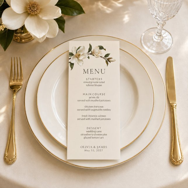 Elfenbensmagnolia Elegant Bröllopsmeny Kort (Ivory Magnolia Elegant Wedding Menu Card)