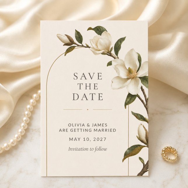 Elfenbensmagnolia Guldvalv Spara datumet (Ivory Magnolia Gold Arch Save the Date)