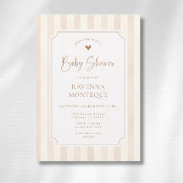Elfenbensmjuka bruna ränder Guld ram Baby Shower Inbjudningar