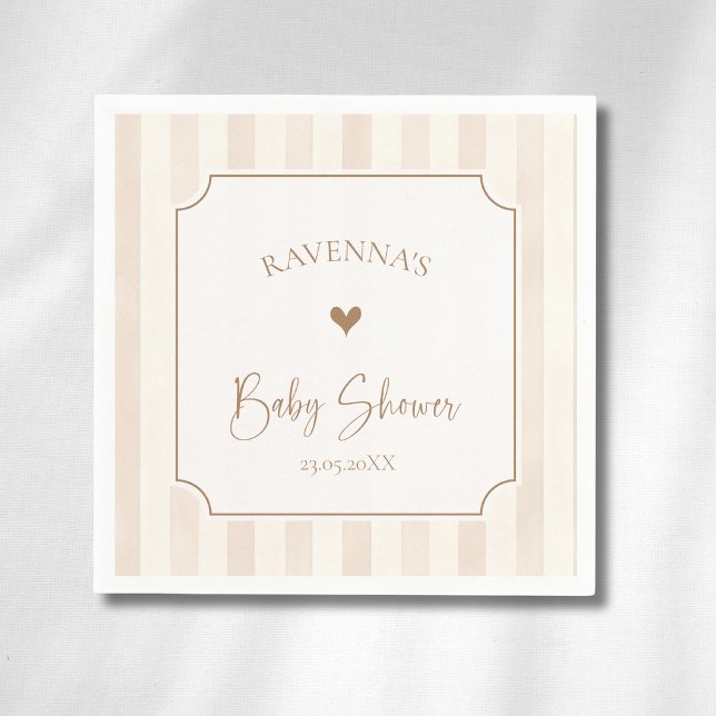 Elfenbensmjuka bruna ränder Guld ram Baby Shower Pappersservett (Skapare uppladdad)