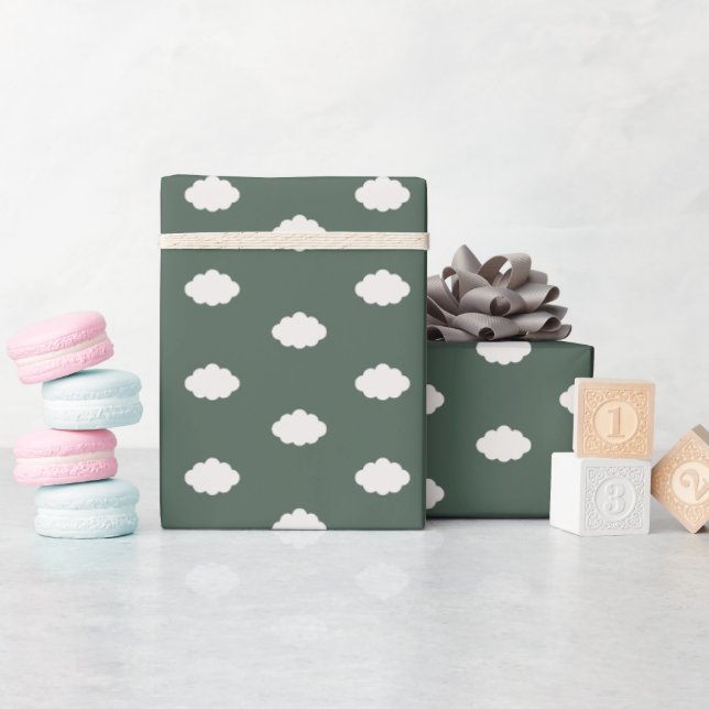 Elfenbensmoln på mörkgrön presentpapper (Baby Shower)