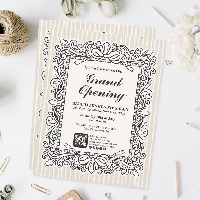Elfenbensornamentad välkomstfolder för invigning reklamblad (Ivory Ornate Bow Frame Grand Opening Flyer)