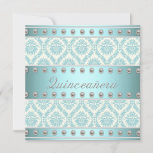Elfenbenspärlor Teal Blå Vit Damask Quinceanera Inbjudningar