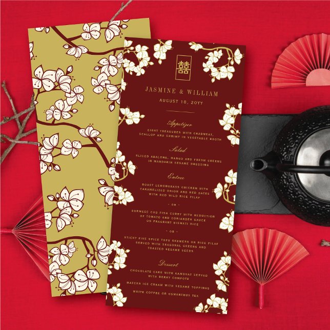Elfenbenspersika/Plommonblommor Dubbel Lycka Bröll Meny (Ivory Peach/Plum Blossoms Double Happiness Floral Chinese Wedding Menu Card @ fatfatin_red_knot)
