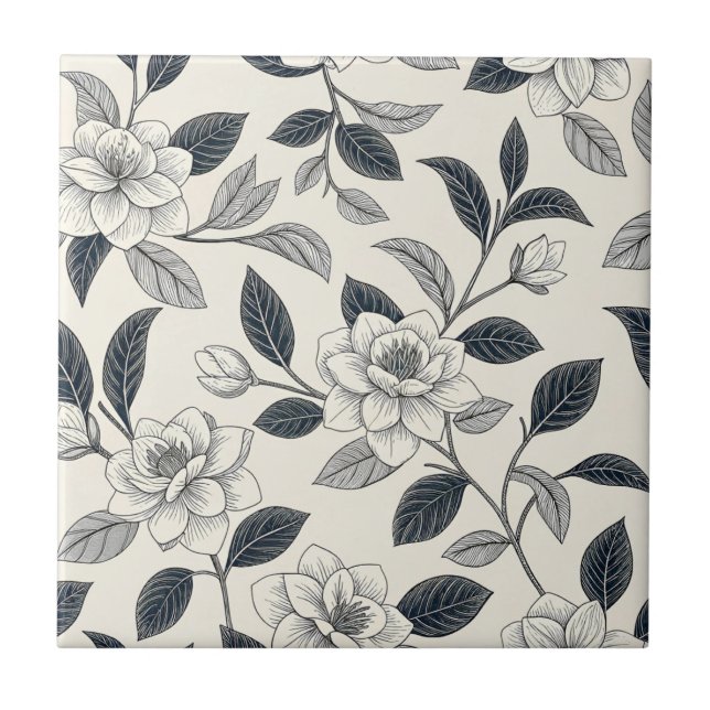Elfenbensros Midnight Navy Marmor Botanisk Kakelplatta (Framsidan)