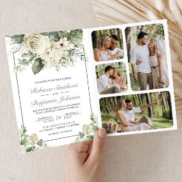 Elfenbensros Sagegrön Blommig Foto QR-kod Bröllop Inbjudan