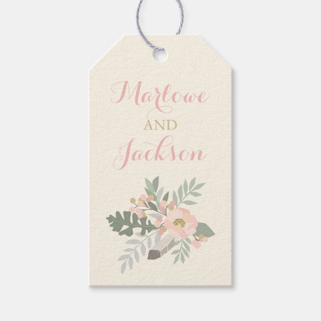 Elfenbensrosa Guld Blommig Boho Monogram Bröllopsf Presentetikett (Framsidan)
