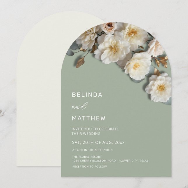 Elfenbensrosor 3D Blommor Salvia Grön Båge Bröllop Inbjudningar (Fram/baksida)