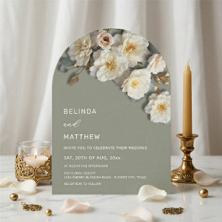 Elfenbensrosor 3D Blommor Salvia Grön Båge Bröllop Inbjudningar