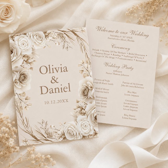Elfenbensrosor Beige Bröllopsceremoni Program (Ivory Roses Beige Wedding Ceremony Program with ivory flowers)