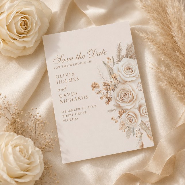 Elfenbensrosor Neutralt Spara Datum Datumet (Ivory Roses Neutral Save the Date with ivory roses)