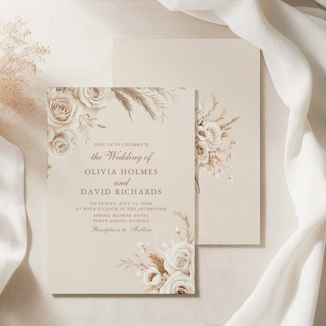Elfenbensrosor & Torkade Blommor Bröllopsinbjudan Inbjudningar (Boho Beige Dried Flower and White Roses Wedding Invitation on an elegant silky tableclothes
)