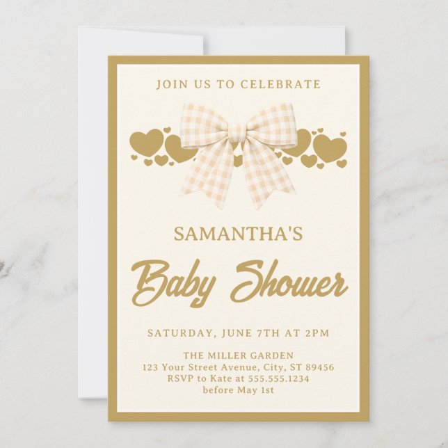 Elfenbensrutig baby shower med rosett inbjudningar (Framsida)