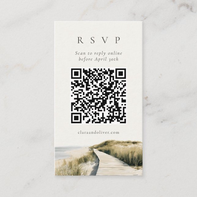 Elfenbenssand Ocean Script Cape Cod QR-kod RSVP-ko Tilläggskort (Framsida)