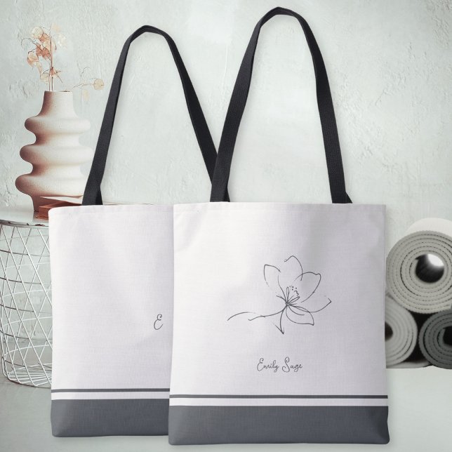 Elfenbensskiffer Grå Blommig Linjekonst Minimalist Tygkasse (Minimalist Floral Line Art Zen Ivory Slate Gray Tote Bag ©Susanne Sachers - Sunny Wanderlust 🌞✈️)