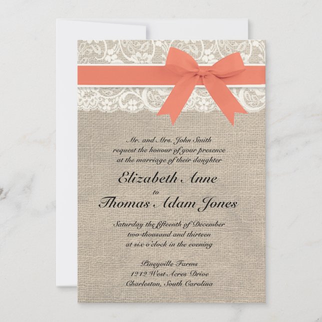 Elfenbenssnurra Rustik burlap bröllopsinbjudan- ko Inbjudningar (Framsida)