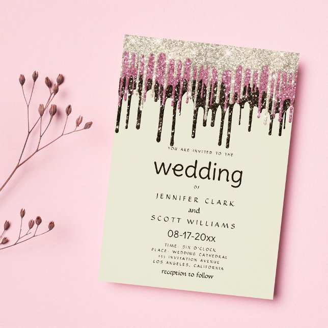 Elfenbenssvart glam från guld rosa vid glitter dro inbjudningar (Ivory black gold pink glam glitter drips wedding)