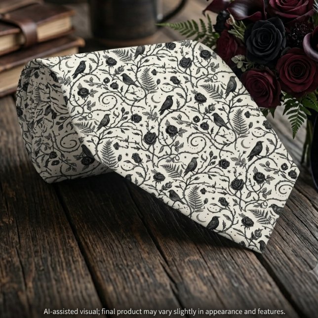 Elfenbenssvart gotisk brudgumsklädsel för ravntema slips (Rolled ivory raven tie with a gothic wedding bouquet for an alternative groom's moody nuptials.)