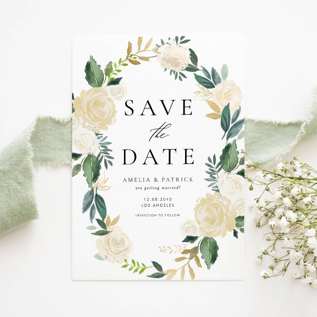 Elfenbensutandning med Greenery Spara Blommigten Meddelande Vykort (Modern QR code save the date postcard with ivory flowers, greenery, and gold foil accents.)